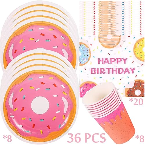 YGCHEN Vaisselle Donut Vaisselle de Fête Fille Anniversaire Décoration Vaisselle Beignets Assiettes Gobelets Serviettes Donut Vaisselle Fête d'Anniversaire Déco 8 Invités - Nail Gallerys