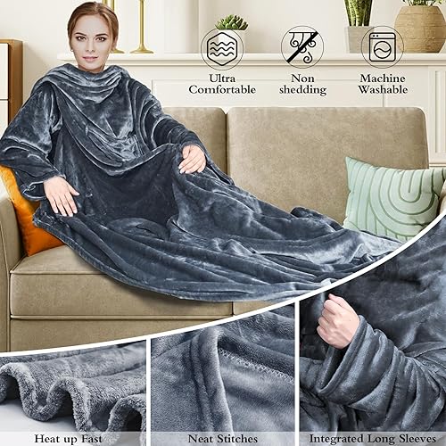MOSSNDAR Plaid à Manche,Plaid avec Manche Femme Homme Cadeau,Couverture Manche Adulte avec Poches Portables,Plaid Polaire Manches Doux et Chaud,Camping Couverture Canape TV en Flanelle(Gris,150x200cm) - Nail Gallerys