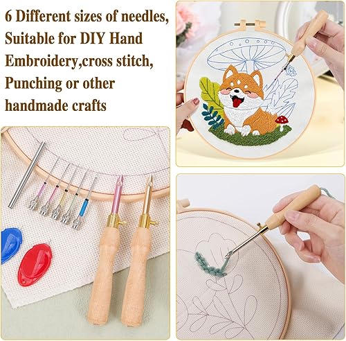JSRQT 10 Pièces Kit Punch Needle,Aiguilles à Poinçon Réglables avec Manche en Bois,5 Tailles d'Aiguilles Outil de Broderie pour Débutants et Adultes - Nail Gallerys