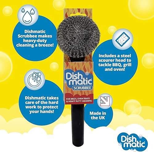 Dishmatic Scrubbee Brosse à vaisselle en acier inoxydable pour barbecue, grill, four – Poignée ergonomique - Nail Gallerys