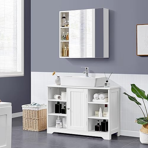 Yaheetech Meuble sous Lavabo Salle de Bain, Armoire sous Vasque, Meuble de Rangement sous Évier avec 6 Compatiments et 1 Placard, Toilette WC, 60 × 30 × 90 cm, Blanc - Nail Gallerys