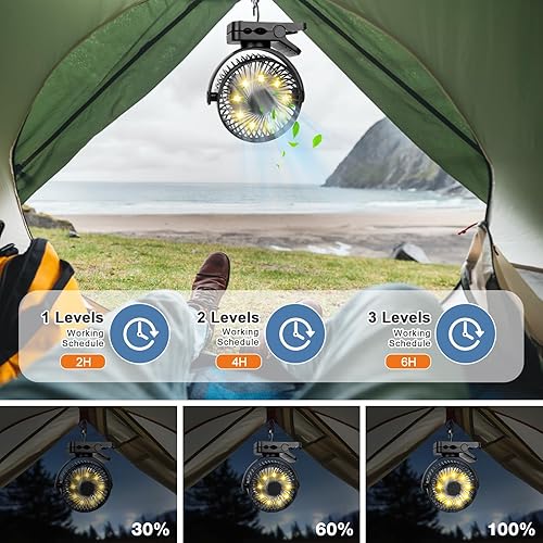 Ventilateur de camping 12000 mAh - Batterie à clip avec télécommande - Rechargeable - Mini ventilateur USB avec lumière LED et minuterie - Pour la maison, le bureau, l'extérieur, le camping, les - Nail Gallerys