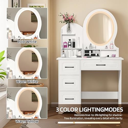 toxaaiwr Coiffeuse blanche avec lumières LED, 3 couleurs de lumière, luminosité réglable, coiffeuse avec 4 tiroirs, 6 compartiments ouverts, table de maquillage moderne, bureau de maquillage pour - Nail Gallerys