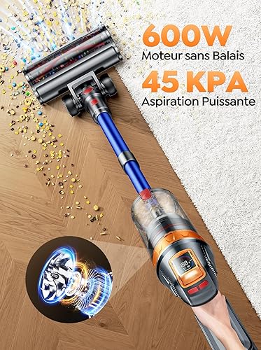 SMOTURE VAC03 Aspirateur Balai sans Fil 600W Moteur-45KPa Aspirateur sans Fil Puissant avec Batterie Détachable 60 Min (ECO), Mode Automatique Intelligent,Écran LED,Brosse Matelas et Support Mural - Nail Gallerys