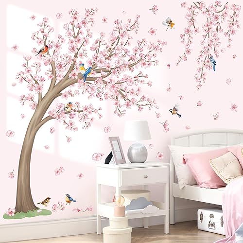 wondever Stickers Muraux Grand Fleur de Cerisier Arbre Rose Autocollants Muraux Mural Stickers Fleurs Pendantes Branche Oiseaux pour Chambre Salon Bureau Mur TV - Nail Gallerys
