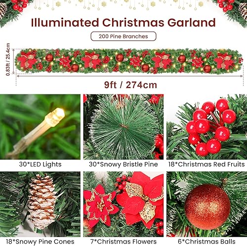 Guirlande Sapin Artificiel, KOOFIT 270cm Couronnes et Guirlandes de Noël Artificiel avec 30 LED, Guirlande Sapin de Noel à Piles Décorations de Noël, pour Chambre Porte Mur Fenêtre Escalier Cheminée - Nail Gallerys