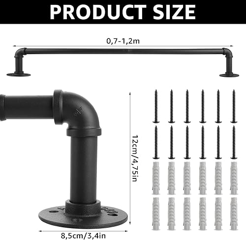 SHUESS Tringle à rideaux industrielle noire extensible 70 à 120 cm - En métal mat - Pour montage mural et au plafond - Tringle à rideau stable pour rideaux lourds - Pour intérieur et extérieur - Nail Gallerys