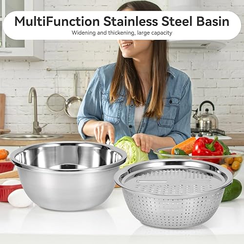 Passoire avec Bol Inox, Passoire À Egoutter En Acier Inoxydable, 3 en 1 Saladier et Passoire avec Râpe à Fromage Passoire De Cuisine pour Salade Légumes Fruits Riz Pâtes Lavage - Nail Gallerys