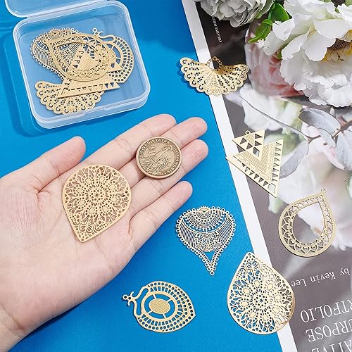 UNICRAFTALE 32 pcs Laiton Or Clair Boho Filigrane Pendentif en Acier Inoxydable Larme Ronde Breloques Boho Filigrane Pendentif Fabrication de Bijoux Breloques Boucle d'oreille Breloques Cadeau - Nail Gallerys