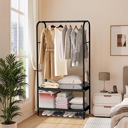 Zstar Porte-vêtements en métal à suspendre les vêtements - Sur pied avec 2 étagères à 2 niveaux - 6 crochets - Pour magasin, chambre à coucher, dressing - 80 x 33 x 172 cm - Doré - Nail Gallerys