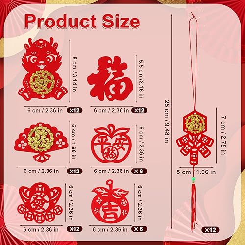 72 Décoration Nouvel an Chinois Suspendre, 25x6cm Décorations à Pendentif pour Fête du Printemps, Dragon de Fortune 2024 Personnage Fu Set d'Ornements à Pompons Chinois pour Maison Extérieur - Nail Gallerys