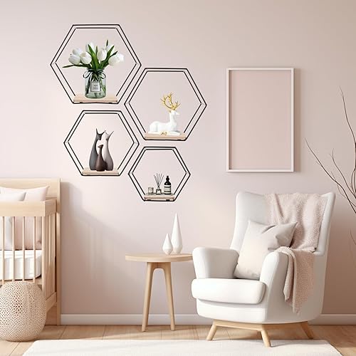 JMIATRY Lot de 5 Etagere Hexagonale, Étagère Murale, Etagere Murale Metal Noir pour Salle de Bain, Chambre, Salon, Cuisine - Nail Gallerys