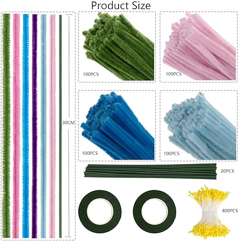 VOKABY 400 Pièces Fil Chenille,4 Couleurs Cure Pipe,400 Pièces étamines,20 Pièces Fil de Fleur,Pour la Décoration et le Cadeau (Bleu) - Nail Gallerys