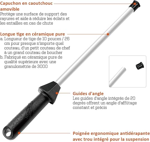 SHARPAL 118H Aiguisage professionnel en céramique, tige d'aiguisage en acier, bâton d'aiguisage pour couteaux de cuisine avec capuchon anti-casse, guide d'angle intégré, grain 3000 - Nail Gallerys