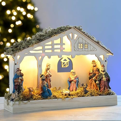 WeRChristmas Crèche de Noël en Bois illuminée avec 5 LED Blanc 26 cm - Nail Gallerys