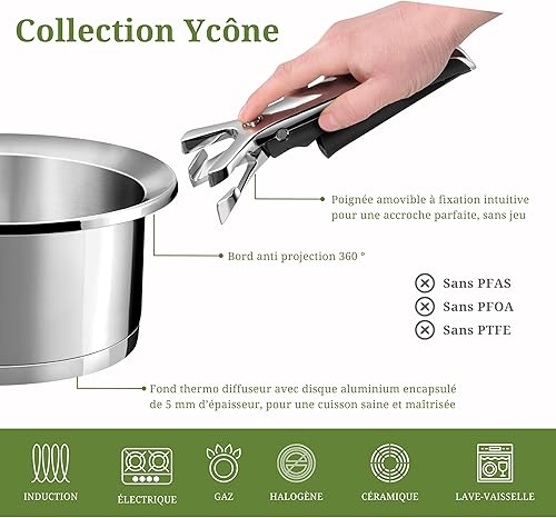 CUISINOX - Ycône - Lot 7 pièces - 3 casseroles 16-20-24 cm, 1 poêle 24 cm, 1 couvercle, 1 poignée amovible, 1 pierre d'argent - Fond thermo diffuseur - Compatible tous feux - Sans PFOA, PTFE, PFAS - Nail Gallerys