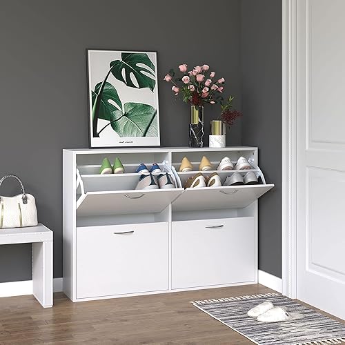 HOMCOM Armoire à Chaussures Meuble à Chaussures Grande Taille dim. 120L x 24l x 81H cm 4 Portes abattantes Double Niveau en Bois Blanc - Nail Gallerys