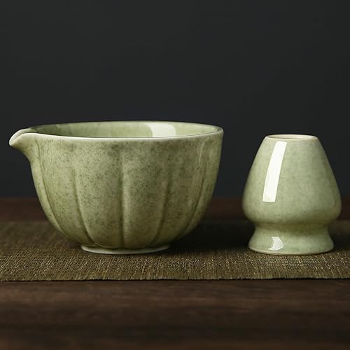 Artcome Bol à matcha avec bec verseur et porte-fouet - Bol à matcha en céramique de qualité supérieure avec bec verseur pratique et support en bambou pour cérémonie traditionnelle du thé japonais - Nail Gallerys