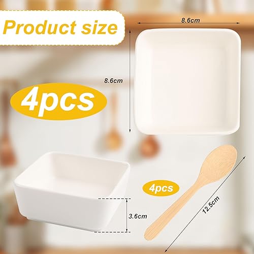 JTgugu Lot de 4 coupelles en céramique avec cuillère en bois petites coupelles à sauce bols à snacks carrés mini coupelles pour sauce barbecue dessert sushi sauce soja sauce tomate - Blanc - Nail Gallerys