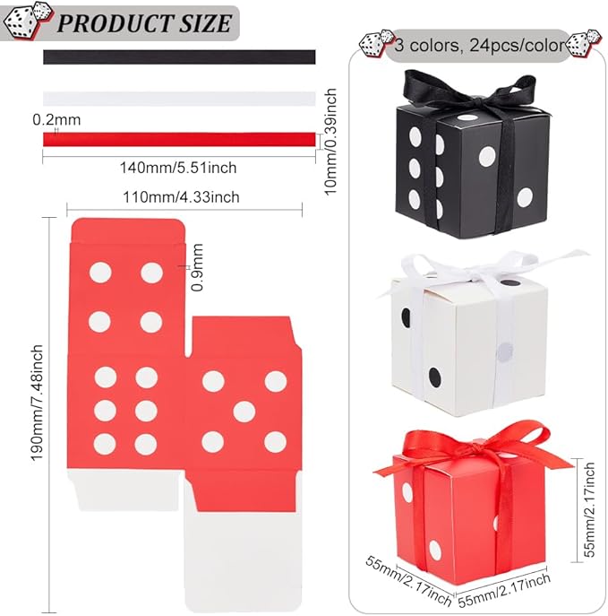 BENECREAT 72 Ensembles de Boîtes à Faveur de Dés de 3 Couleurs, Boîte-Cadeau à Dés Carrés sur Le Thème du Casino, Rouge, Noir et Blanc, avec Ruban, pour Bonbons, Emballage Cadeau Fête, 5.5x5.5x5.5cm - Nail Gallerys