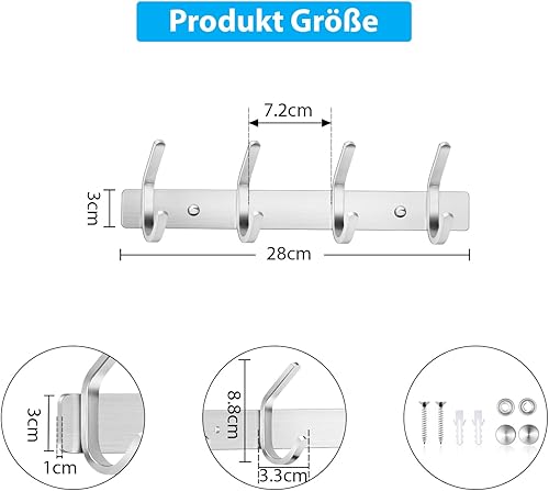 ERWEY Porte Manteau Mural, 6 Crochet Patere Murale en Acier Inoxydable, Patère Murale, Crochet Mural Porte Serviettes Mural à Visser pour Cuisines, Salles de Bains et Chambres, 44 cm - Nail Gallerys
