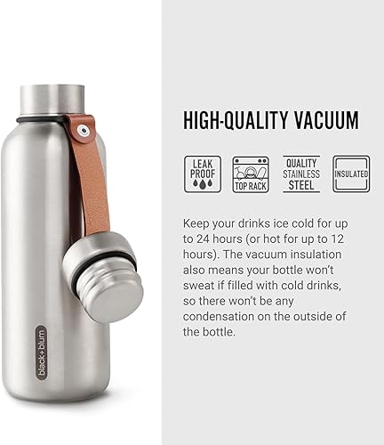 BLACK + BLUM - Gourde Isotherme - Thermos en Acier Inoxydable avec Large Goulot - Anse en Cuir Vegan - Garde la Chaleur 12H, le Froid 24H - 500ml - Argent/Noir - Nail Gallerys