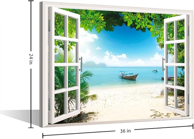 Impression sur toile de mer, plage et fenêtre - 1 pièce - Impression giclée sur toile encadrée - Prêt à accrocher - 61 x 91,4 cm (l x H) - Nail Gallerys