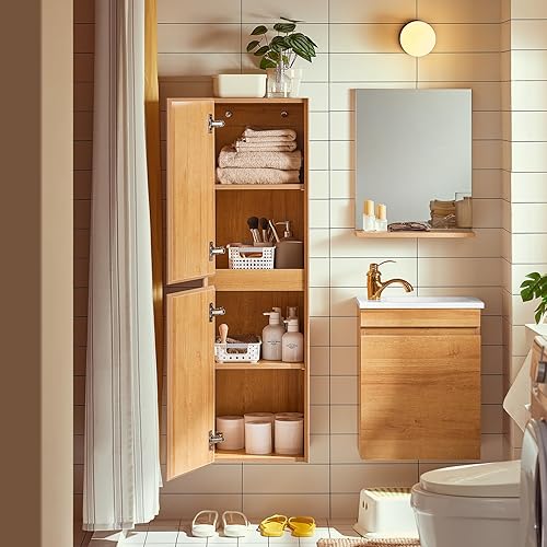 SoBuy 30% de Réduction Meuble Suspendu pour Lavabo avec Miroir Meuble sous Vasque avec Miroir Ensemble de Lavabo en céramique avec Miroir Meuble Lave-Mains avec Miroir, Couleur Bois, BZR169-SET - Nail Gallerys