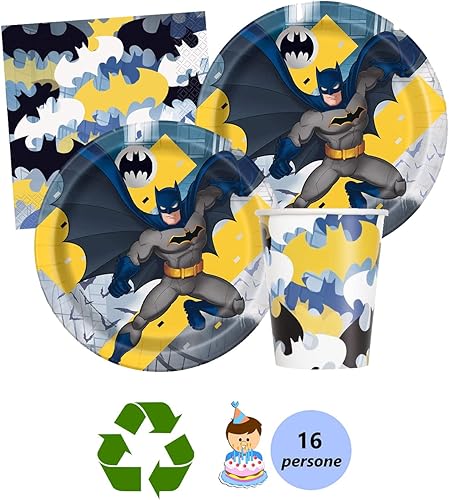 Isola Party Kit de fête d'anniversaire Batman respectueux de l'environnement (16 assiettes, 16 tasses, 16 serviettes) - Nail Gallerys