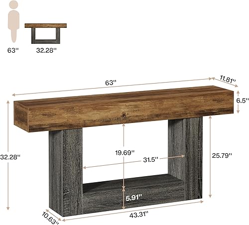 Tribesigns Table Console, 160 cm Table d'entrée, 2 Niveaux Table de canapé en Bois de Ferme avec Rangement pour Entrée, Chambre, Salon, Couloir, Marron Rustique et Gris - Nail Gallerys
