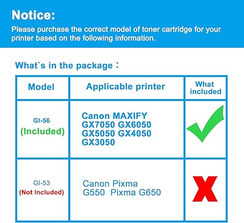 LCL Imprimante Bouteille d'encre Compatible GI56 GI-56 BK GI-56BK (1-Pack Noir 170ML) Remplacement pour Canon MAXIFY GX7050 GX6050 GX5050 GX4050 GX3050 - Nail Gallerys