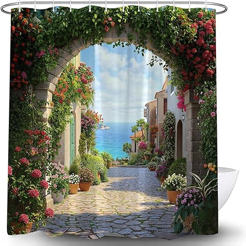 3D Rideau Douche Anti Moisissure Cambre Rideau de Salle Bain 200x200 Long Tissu Polyester Imperméable Fleurs de Vigne Rideaux Baignoire Lavable avec 12 Crochets b.1497 - Nail Gallerys