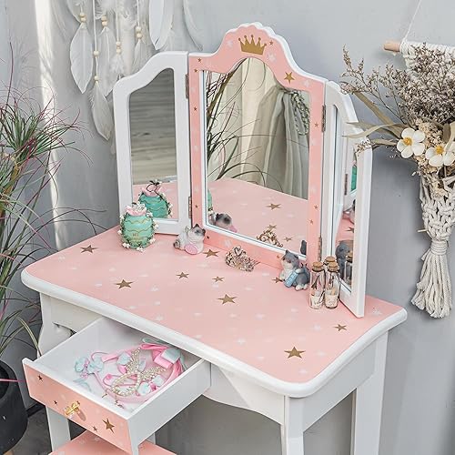 LUNSY Coiffeuse Princesse 2 en 1 pour Enfants - Coiffeuse avec Miroir, Tabouret, Miroir Pliable à Trois Niveaux et tiroir - Coiffeuse en Bois pour Jouer aux Tout-Petits - Nail Gallerys