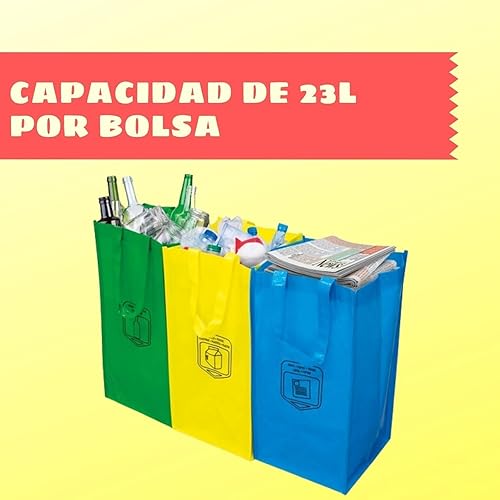 Sacs de recyclage de 3 couleurs avec poignées pour organiser le recyclage du plastique, du verre et du papier – 23 L, vert, jaune et bleu. - Nail Gallerys