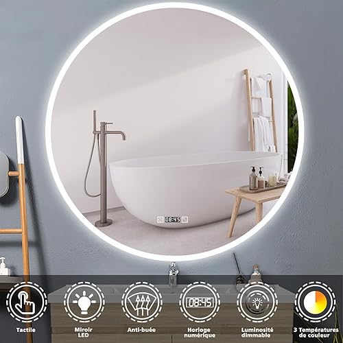 HAPAOSO Miroir de Salle de Bain LED Rond Miroir Mural de 80 cm avec Interrupteur Tactile, Anti-buée, Horloge, température, dimmable, Fonction mémoire, lumière Tricolore - Nail Gallerys