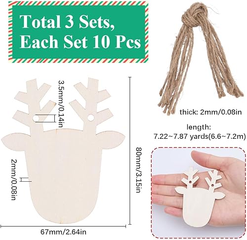SUNNYCLUE 30 décoration à Suspendre en Bois en Forme de Tête de Cerf de Noël Breloques Décoratives en Bois Brut avec 30 embellissements en Ficelle de Jute Artisanat pour les Vacances Bricolage Fête Dé - Nail Gallerys