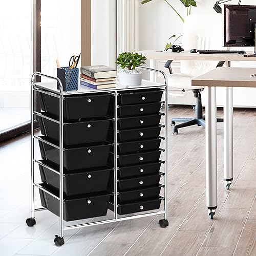 GOPLUS Chariot de Rangement 15 Tiroirs, Tiroir Détachable, Tour de Rangement à 4 Roulettes, 2 avec Frein, pour Chambre, Bureau, 63 x 37 x 87 CM, Noir - Nail Gallerys