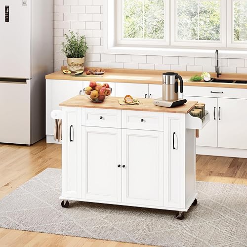Yaheetech Desserte de Cuisine sur roulettes avec 2 Tiroirs 2 Rangements Coulissants Latéraux Îlot Central en Bois avec Plan de Travail Pliant Meuble de Cuisine Étagère Ajustable Blanc - Nail Gallerys