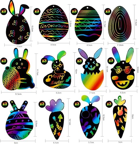 Wishstar Pâques Scratch Art,Carte à Gratter Oeuf Lapin Carotte 36 Pcs,Pâques Décoration à Suspendre,DIY Cadeaux Artisanaux pour Enfants - Nail Gallerys