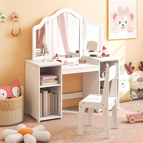 LIFEZEAL Coiffeuse Enfant Fille avec Miroir et Etagères, Table Maquillage en Bois avec Chaise & 4 Compartiments, Miroirs Pliables et Amovibles, Charge de 100KG, Design 2 en 1 (Blanc) - Nail Gallerys