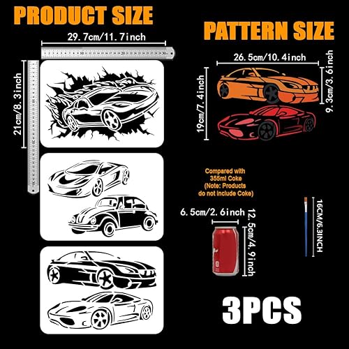 FINGERINSPIRE 3Pcs Pochoir de Dessin de Voiture de Sport Avec Un Pinceau 29.7X21cm Modèle de Peinture Roadster Voiture de Course Classique Berline Pochoir de Décoration DIY pour Bois Mur Tissu Meubles - Nail Gallerys