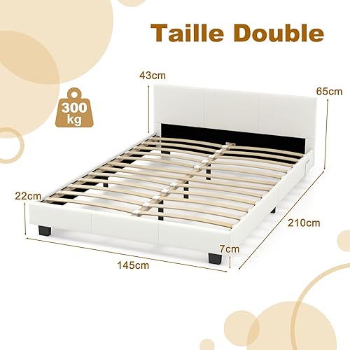 COSTWAY Lit 140x200 cm Avec Éclairage LED, Sommier à Lattes, Hauteur 25 cm, Cadre Plateforme Tapissé, Tête de Lit, Poches Latérales, 2 Personnes Moderne, Double Montage Facile - Nail Gallerys