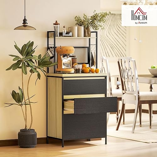 HOMCOM Armoire de Cuisine Buffet Cuisine Meuble de Rangement Industriel avec 3 tiroirs, Plan de Travail, étagère et 4 Crochets, Meuble Micro Onde pour Salle à Manger, Salon, 60x40x132cm, Bois Naturel - Nail Gallerys