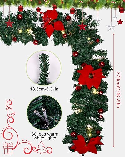Guirlande de Noël de 270 cm avec lumières LED, Guirlande Sapin Noel Artificiel, couronnes de décoration de Noël décorations de Vacances intérieures et extérieures, Jardins, cheminées, escaliers - Nail Gallerys