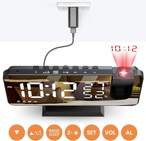 JIGA Reveil Projecteur Plafond Radio FM Reveil Projection 180° Horloge Numérique avec 7' LED Écran Miroir Chargement USB Port Fonction Snooze Double Alarme Horloge Digitale pour Chambre,Cuisine,Bureau - Nail Gallerys