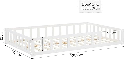 Homestyle4u Lit de sol, 120 x 200 cm, blanc, Montessori, pour enfant, avec protection anti-chute, en bois, sommier à lattes - Nail Gallerys