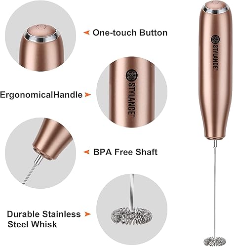 STYLANCE Mousseur à Lait électrique pour Café, Café au Lait, Cappuccino, Chocolat Chaud, Mini Fouet en Acier Inoxydable, Moteur Extra Fort et Alimenté par Batterie, Mélangeur (Gold) - Nail Gallerys