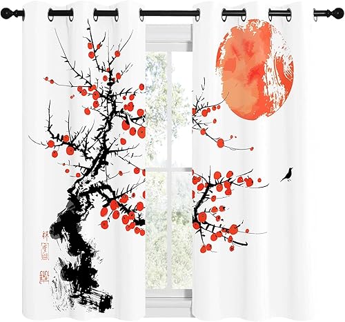 Rideau Occultant Motif Plante, Rideaux Rouge Noir 2 Pièces L 140 x H 230, Thermique Anti UV Tenture Opaque à Oeillets Style Japonais Decoration Chambre Maison Salon Intérieurs, A48 - Nail Gallerys
