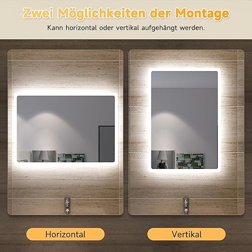 SONNI Miroir de salle de bain avec éclairage LED - 60 x 40 cm - Interrupteur mural - IP44 - Nail Gallerys