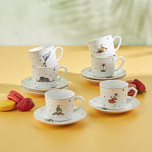 KARACA Le Petit Prince Design Lot de 6 tasses à café et soucoupes en porcelaine – Blanc multicolore Petite tasse à café turc, tasses à expresso, cappuccino, thé – 12 pièces, 80 ml - Nail Gallerys